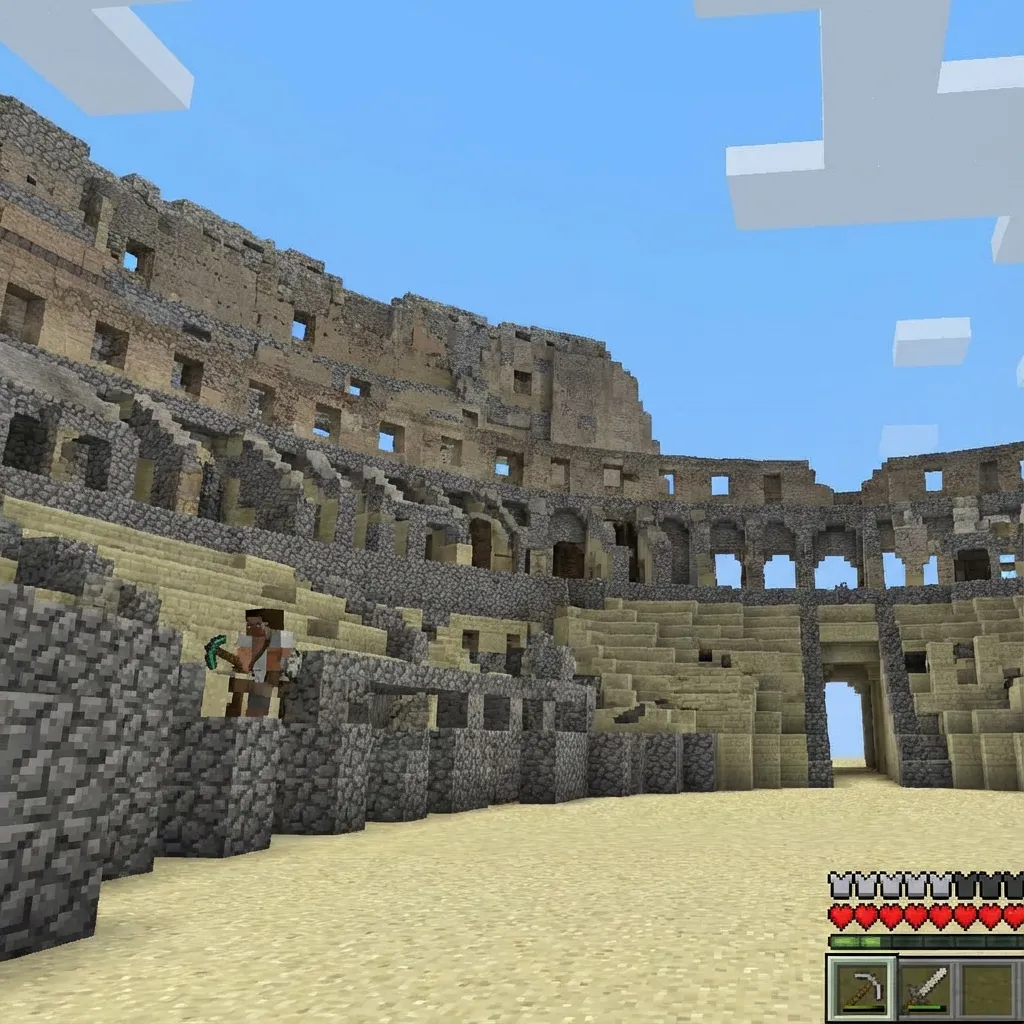 Minecraft Roman Colosseum built using circular patterns, showcasing tiered seating and oval arena structure