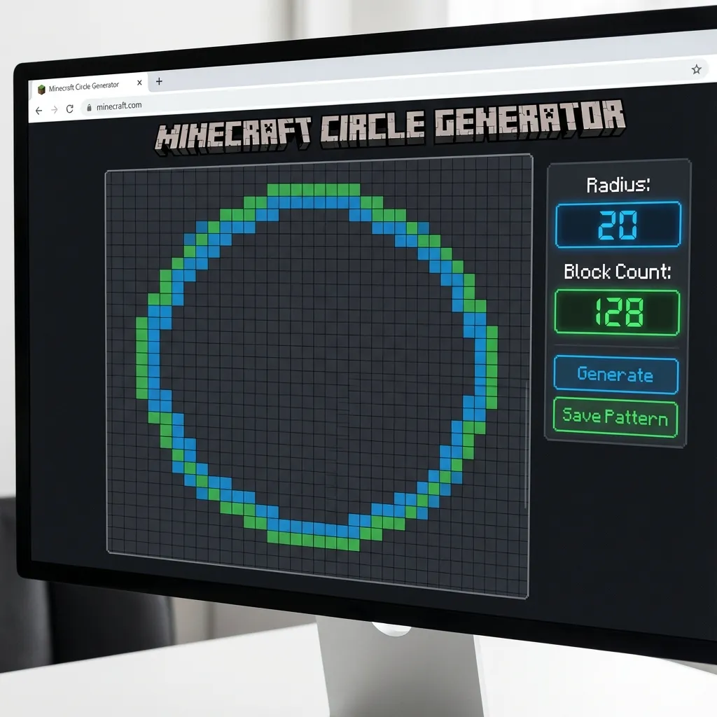 MineCircles circle generator tool interface showing pixelated circle pattern on dark grid