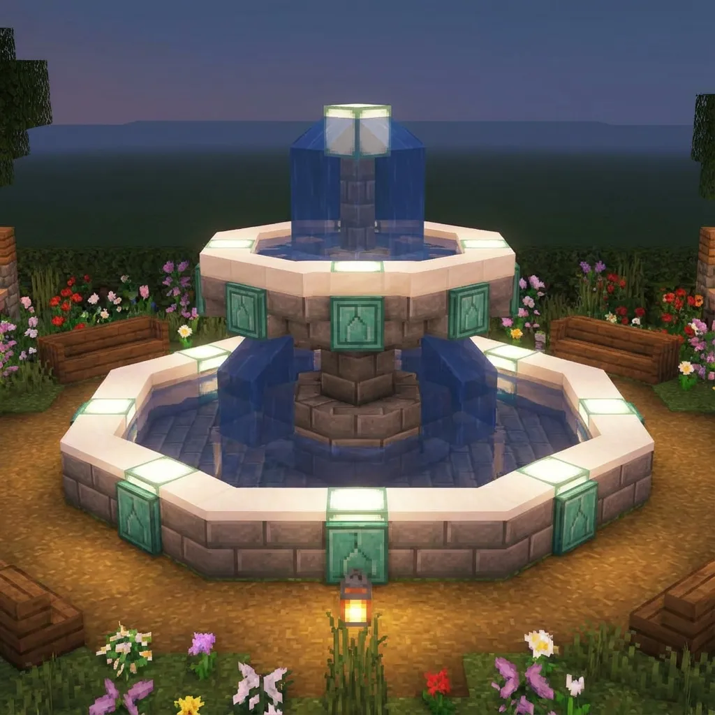 Minecraft tiered circular fountain with flowing water