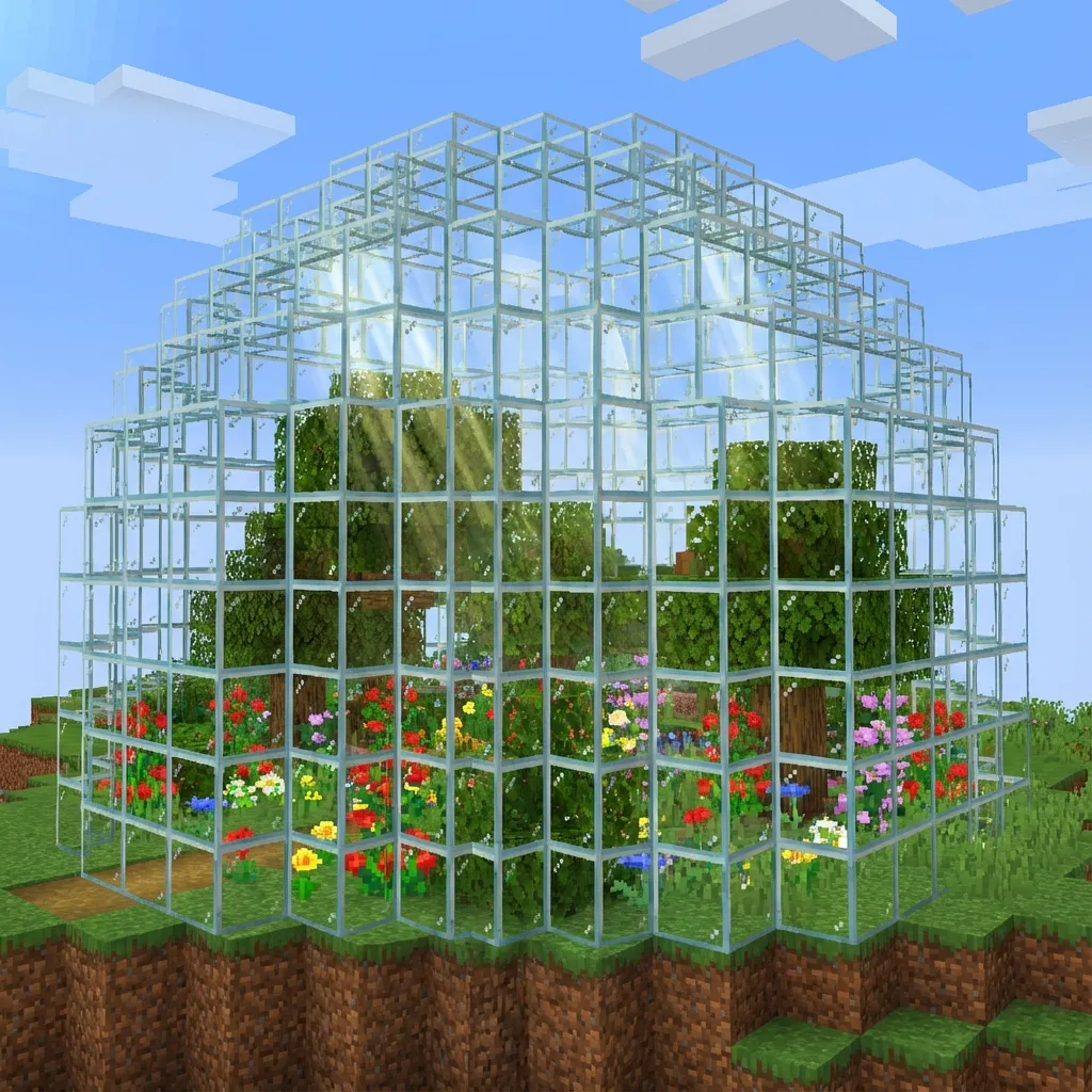 Minecraft glass dome greenhouse with colorful flowers inside and transparent curved roof
