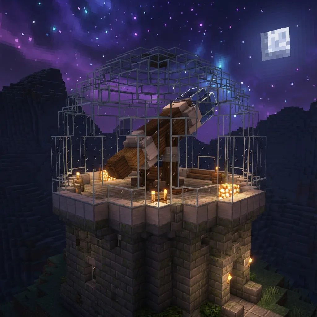 Minecraft observatory dome at night with glass roof revealing stars inside