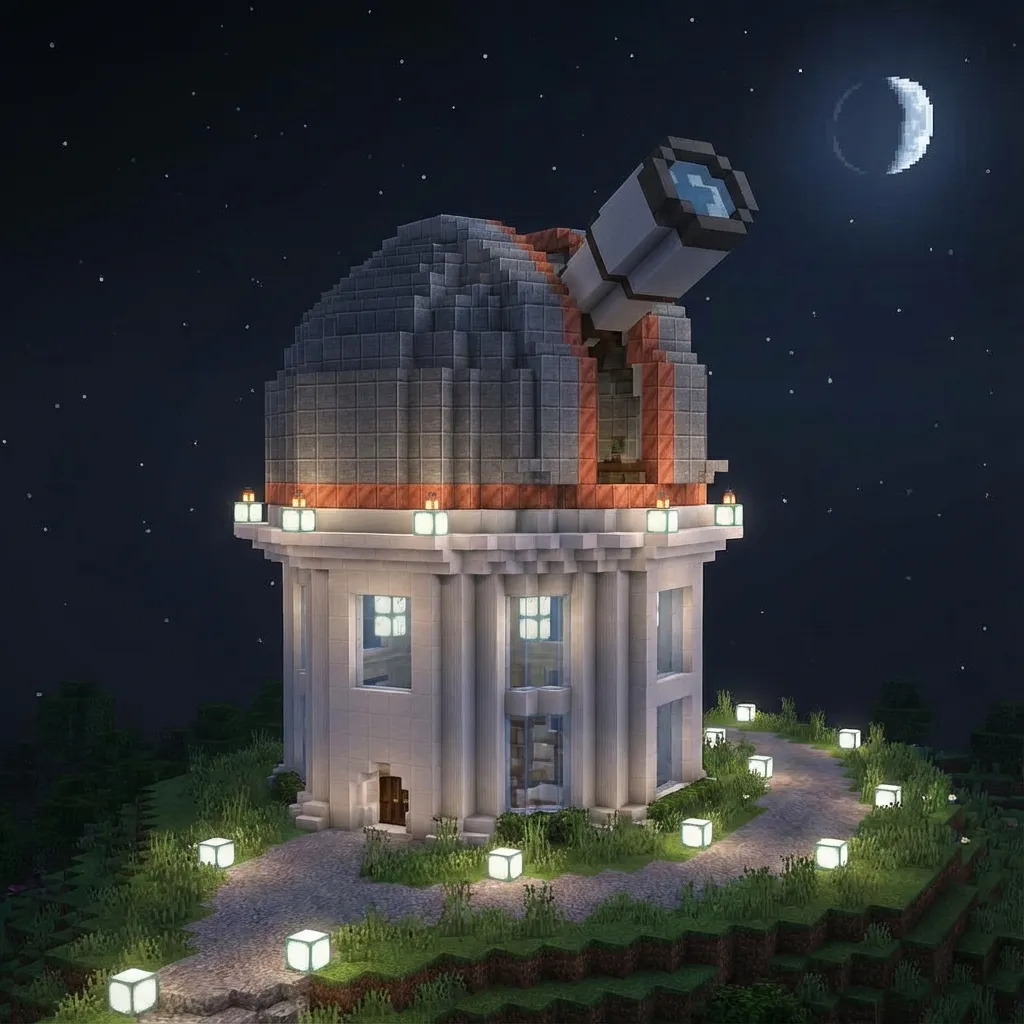 Minecraft observatory dome on a hilltop at night