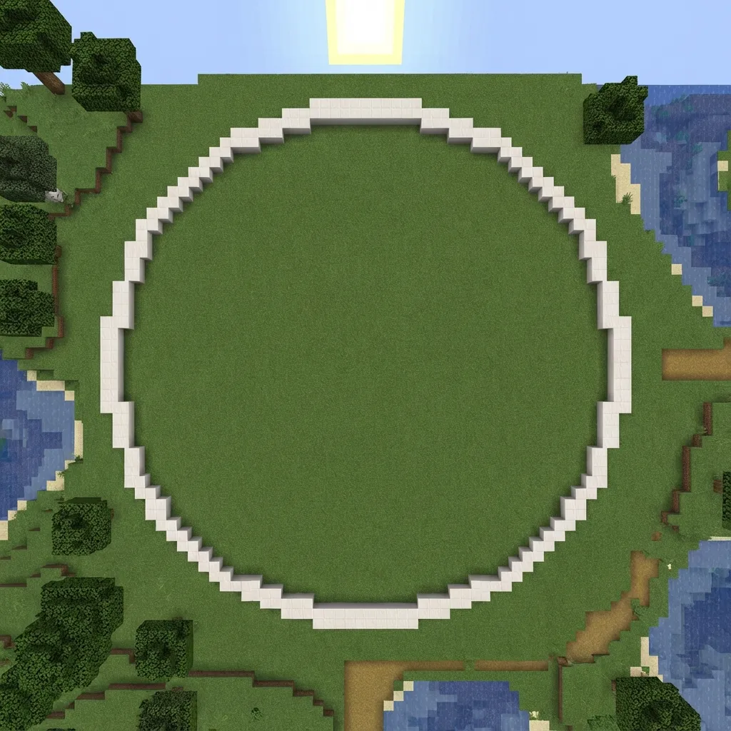 Perfect symmetrical Minecraft circle built with white concrete blocks showing clean even edges