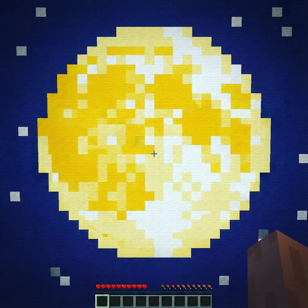 Minecraft pixel art moon made of yellow and white wool blocks on dark blue background