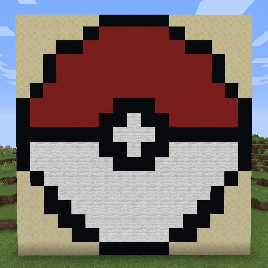 Minecraft pixel art Pokeball design made of red white and black concrete blocks