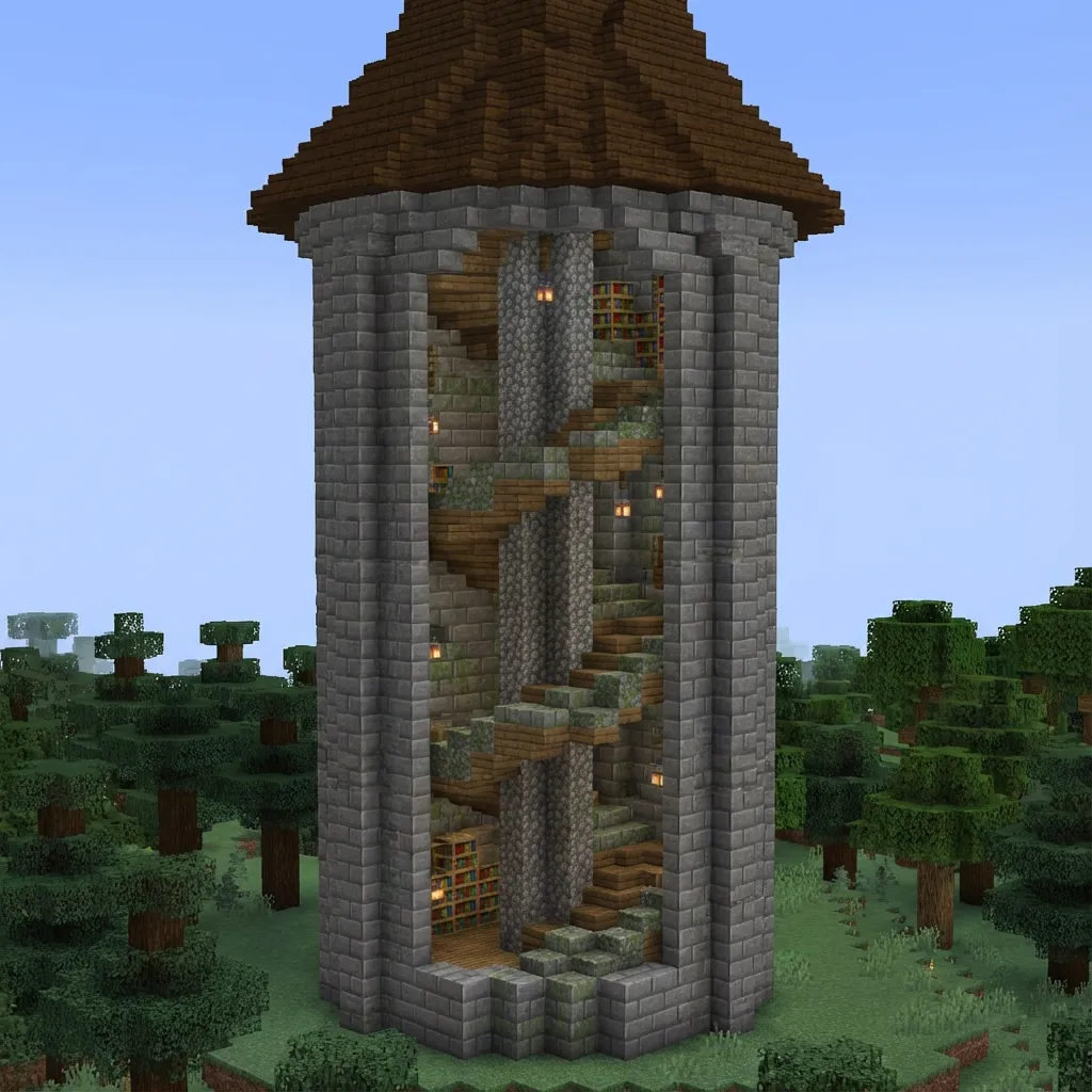 Minecraft tower with spiral staircase cutaway