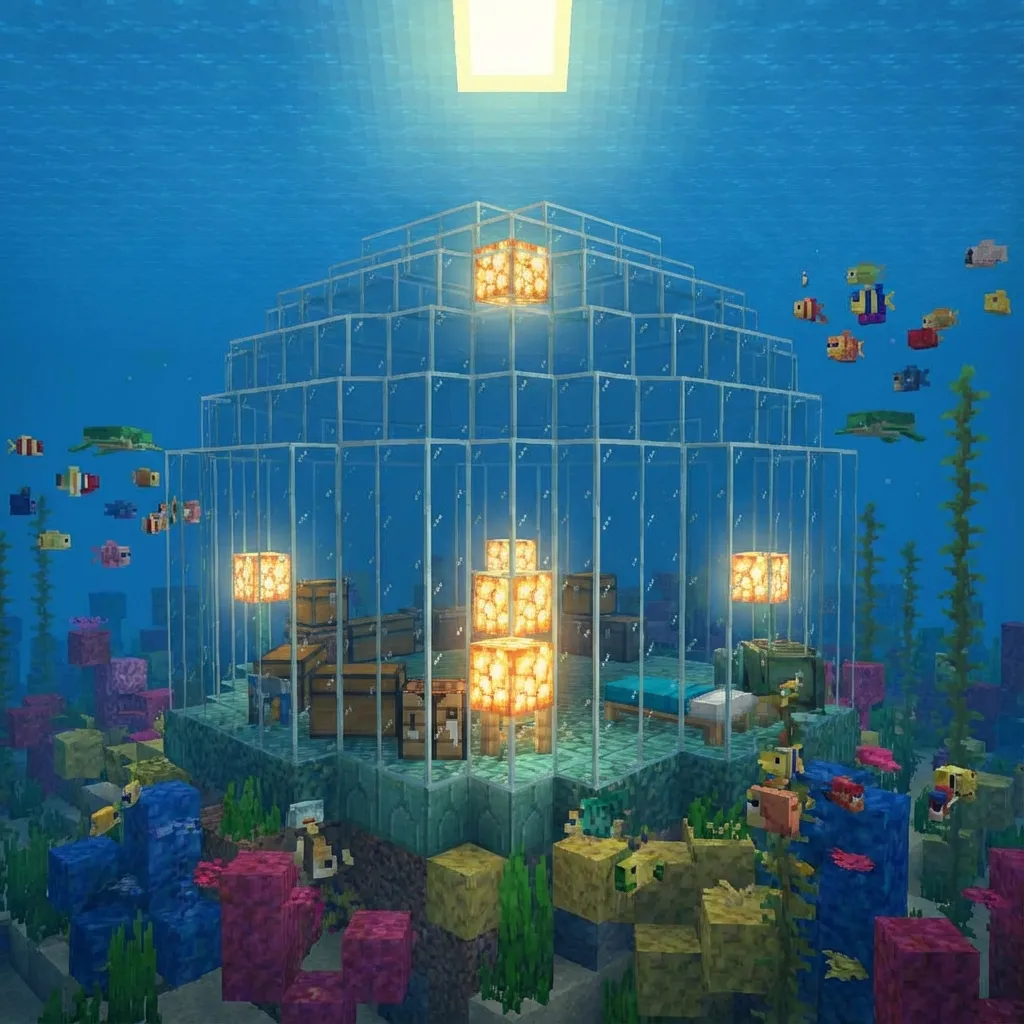 Minecraft underwater glass dome base with tropical fish swimming outside and coral reef visible