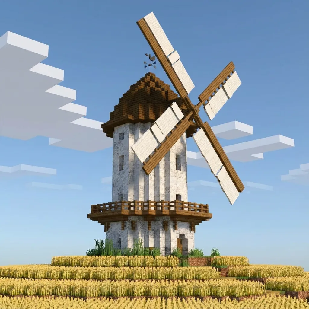Minecraft Dutch-style windmill with circular stone tower
