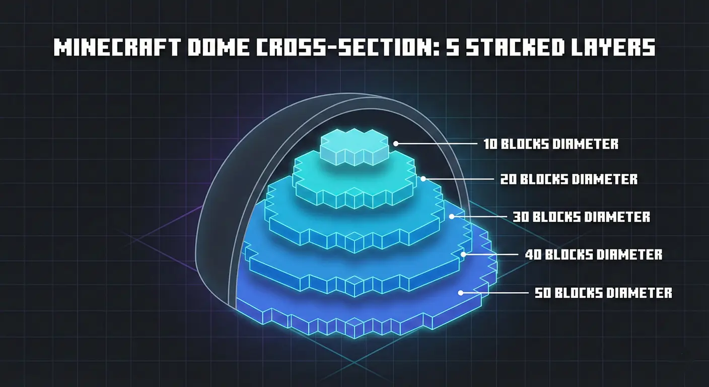 Cross-section diagram showing how to stack decreasing circle sizes to build a Minecraft dome