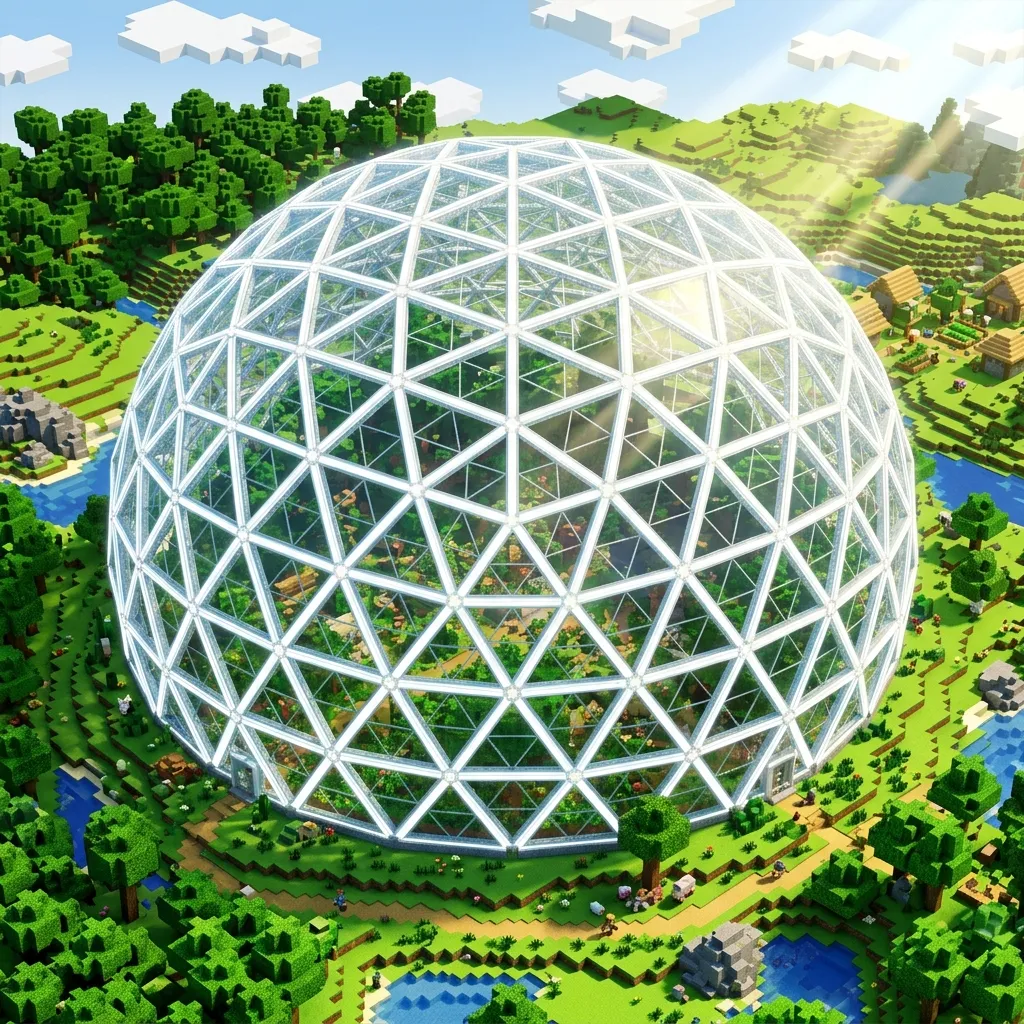 A highly detailed isometric illustration of a complex geodesic dome built in a blocky voxel style similar to Minecraft, set in a lush green polygon landscape. Sunlight streaming through.